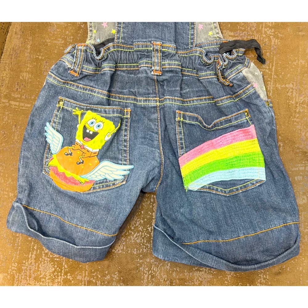 SpongeBob SquarePants Denim Overall Shorts Dark Wash Star Rainbow Graphics